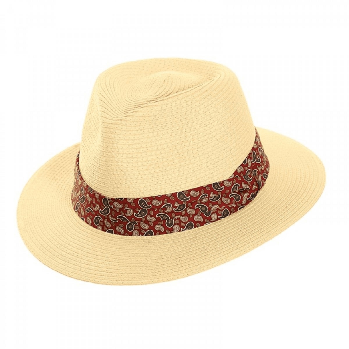 Summer Hat - Braid Fedora Style - With Red Paisley Print