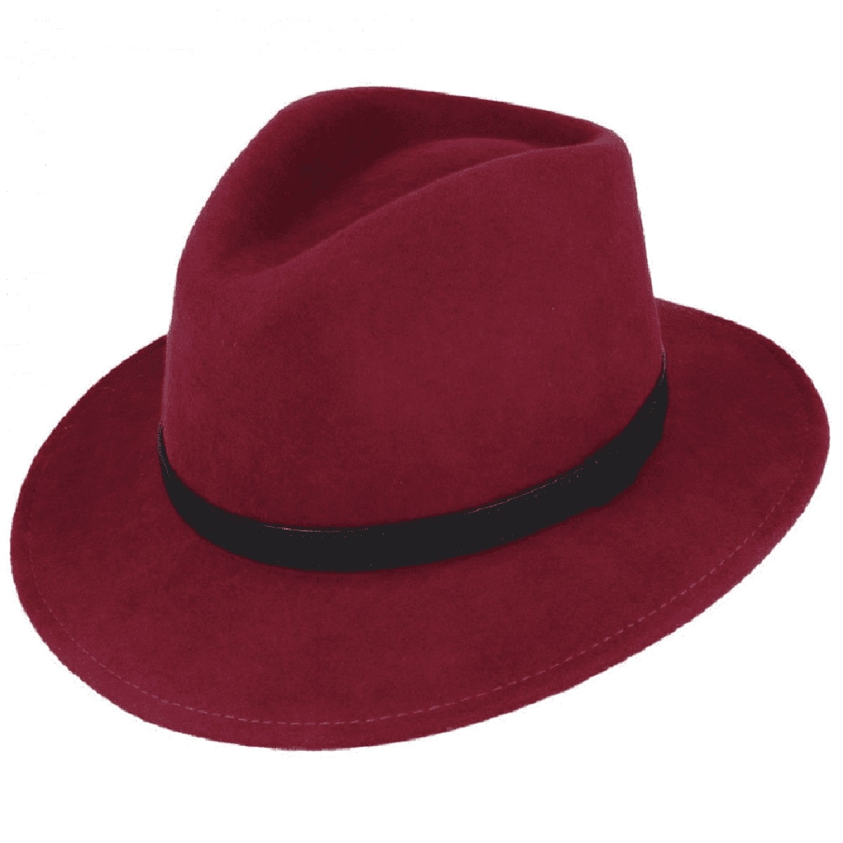 Wool Felt Fashionable Outback Fedora Style Hat - Red Burgundy