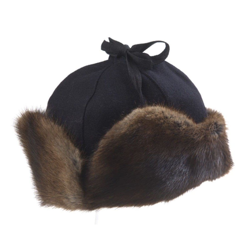 Muskrat Fur & Melton Blue Wool Trapper Hat - Natural Fur Winter Headwear