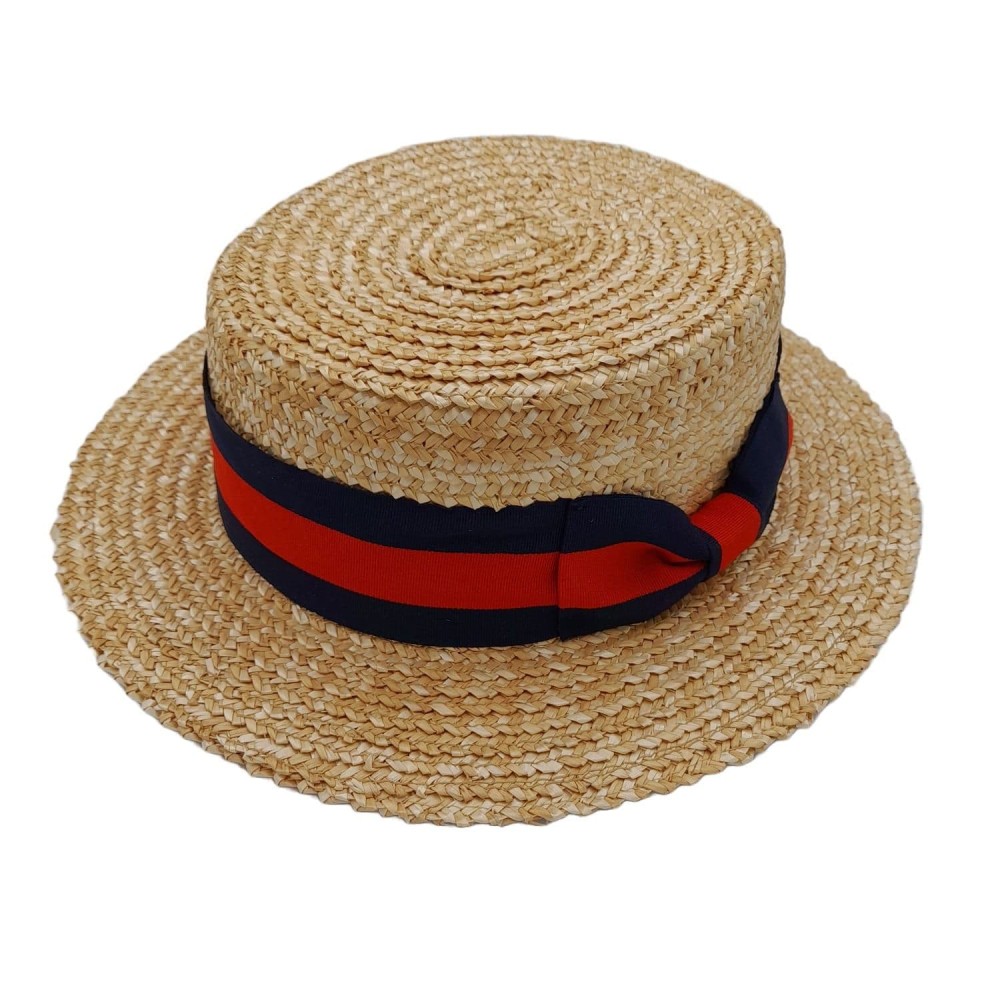 Straw Boater Hat Striped Band - Blue Red Blue