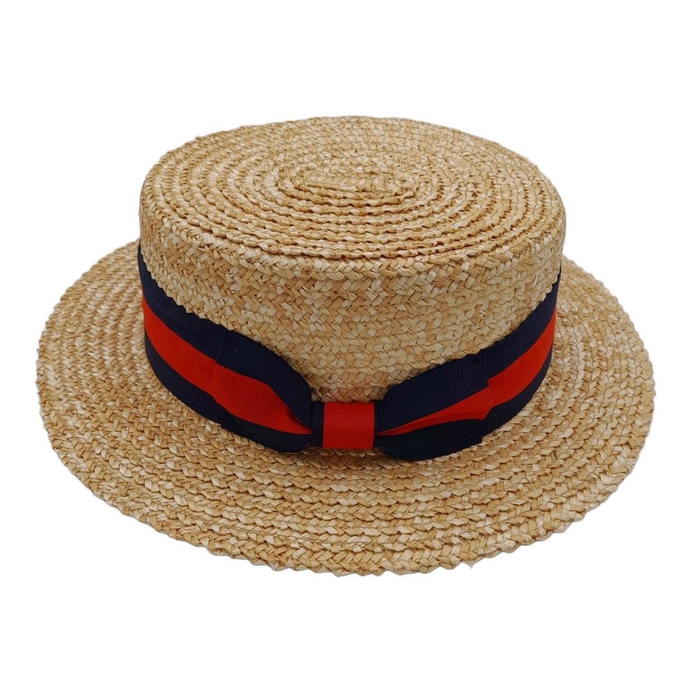 Straw Boater Hat Striped Band - Blue Red Blue