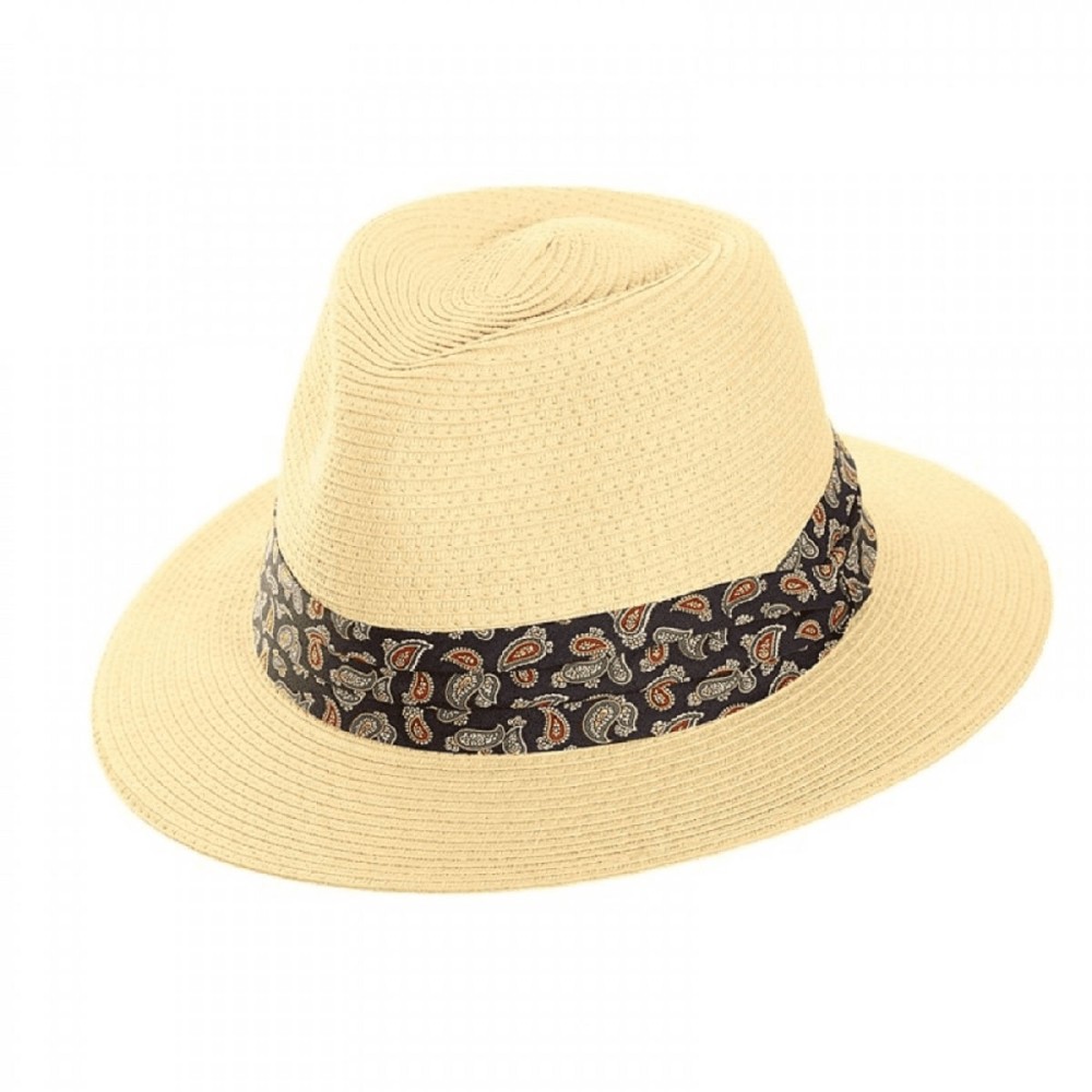 Summer Hat - Braid Fedora Style - With Blue Paisley Print