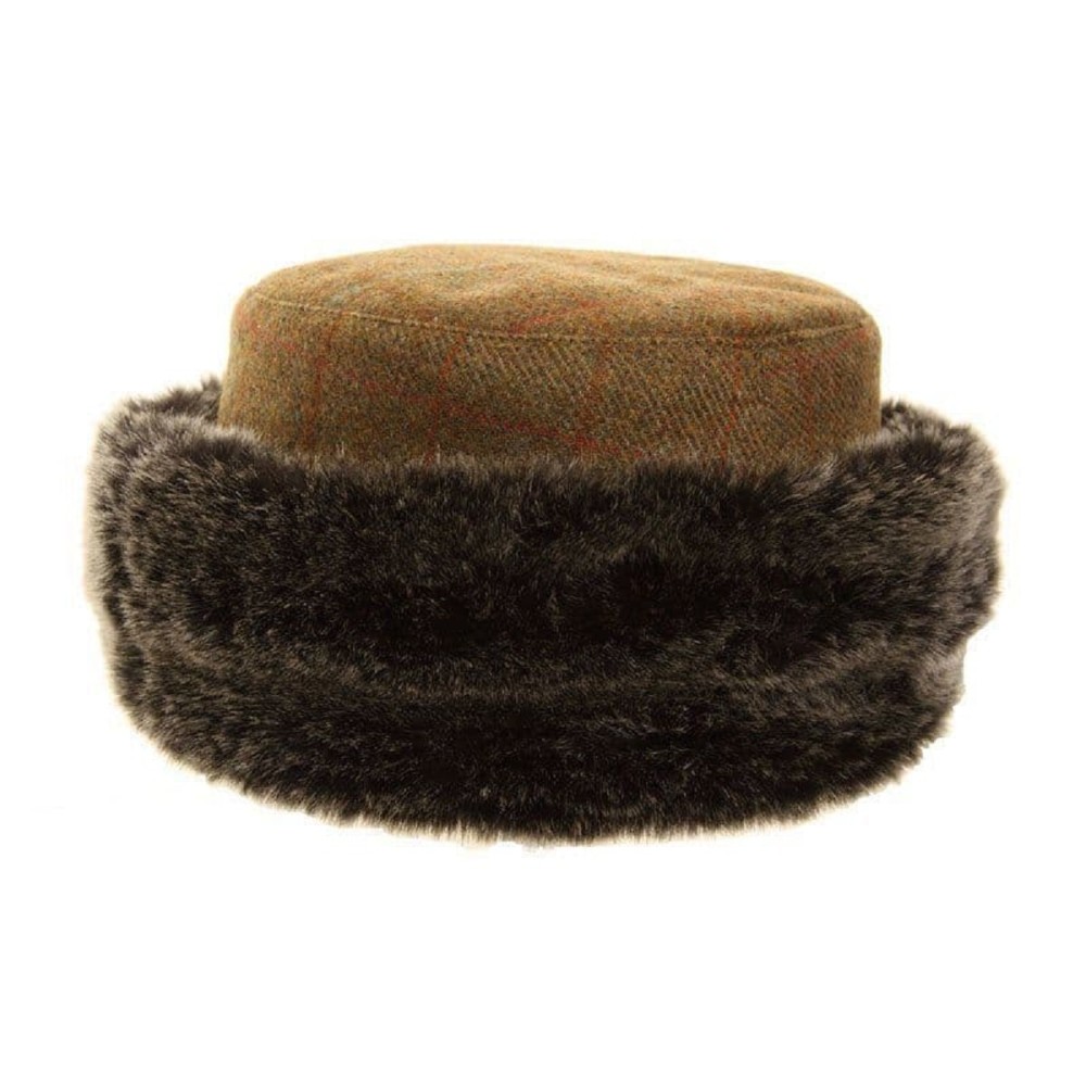 Tweed Hat With Super Soft Faux Fur Trim - Olive Green